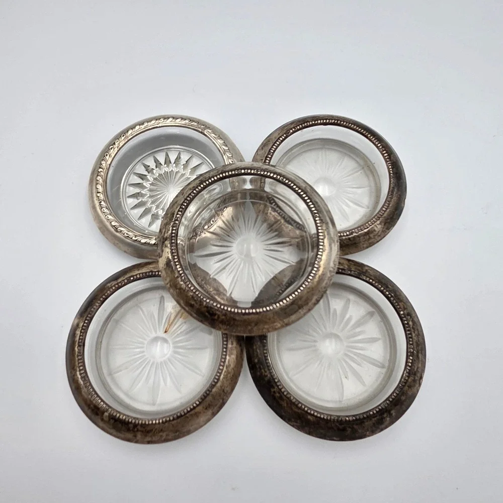 Frank M Whiting Coasters Set 4 Sterling Silver Glass Fair Vintage (1 plastic)